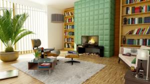 light cream coloured rug on wooden floors in living room with green textured focus wall