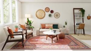 sunlit living room with large red Persian carpet as main focal point against white walls and vintage styling furniture. 